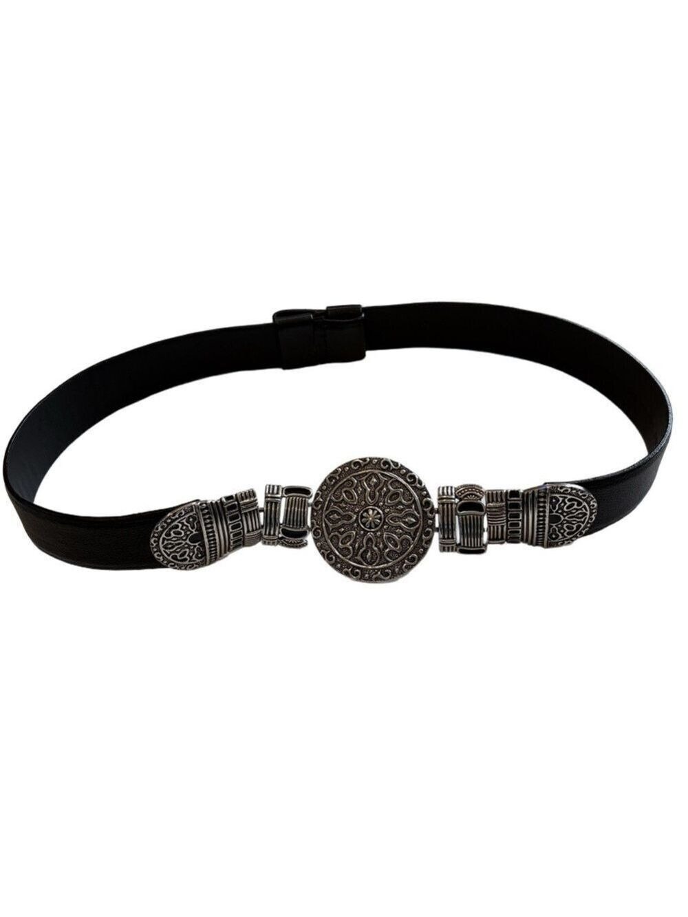 Chico’s Size S/M belt. Black leather adjustable silver tone hardware statement